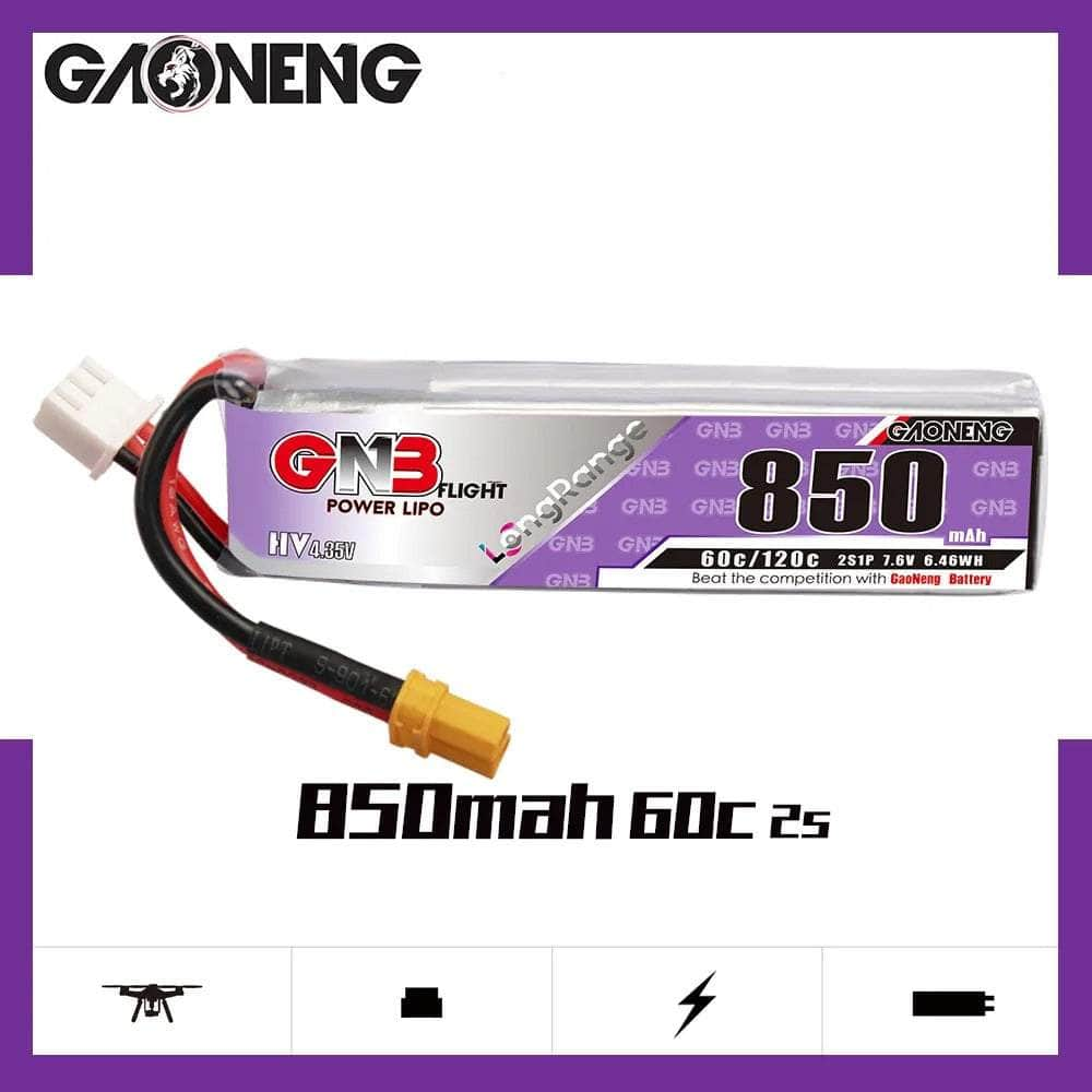 Gaoneng GNB 7.6V 2S 850mAh 60C LiHV Micro Battery (Long Type) - XT30