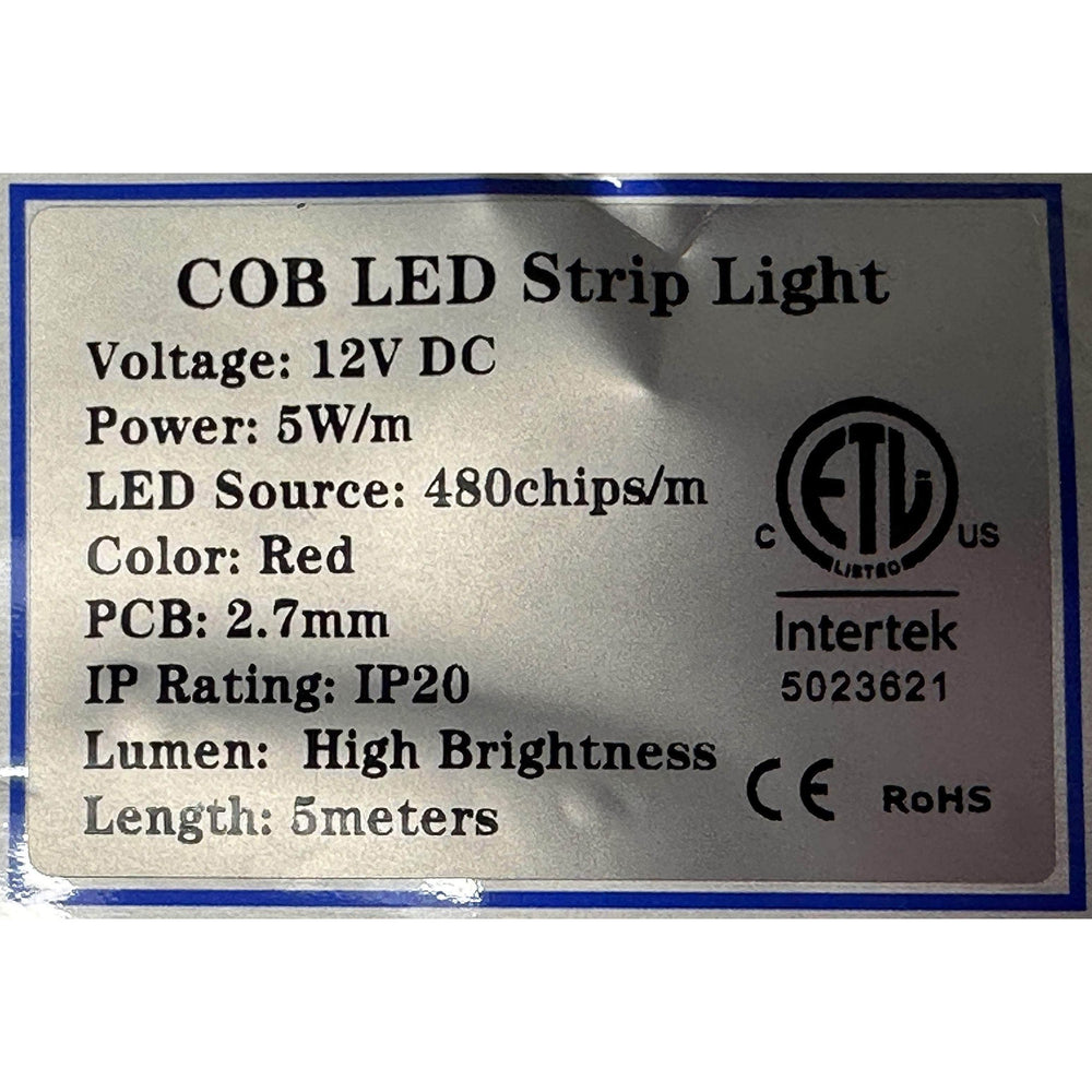 2.7MM WIDE - 12V COB LED Strip Light 5Meter Rolls, 16.4 Feet