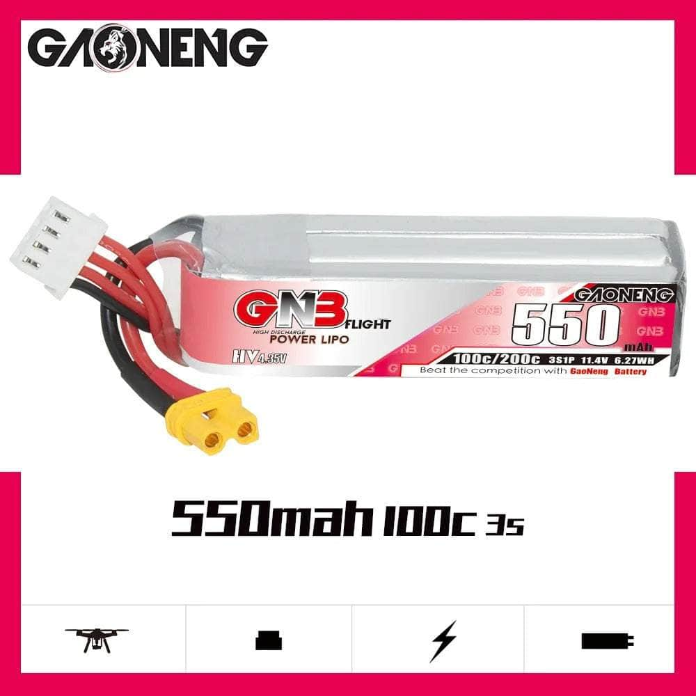 Gaoneng GNB 11.4V 3S 550mAh 100C LiHV Micro Battery (Long Type) - XT30