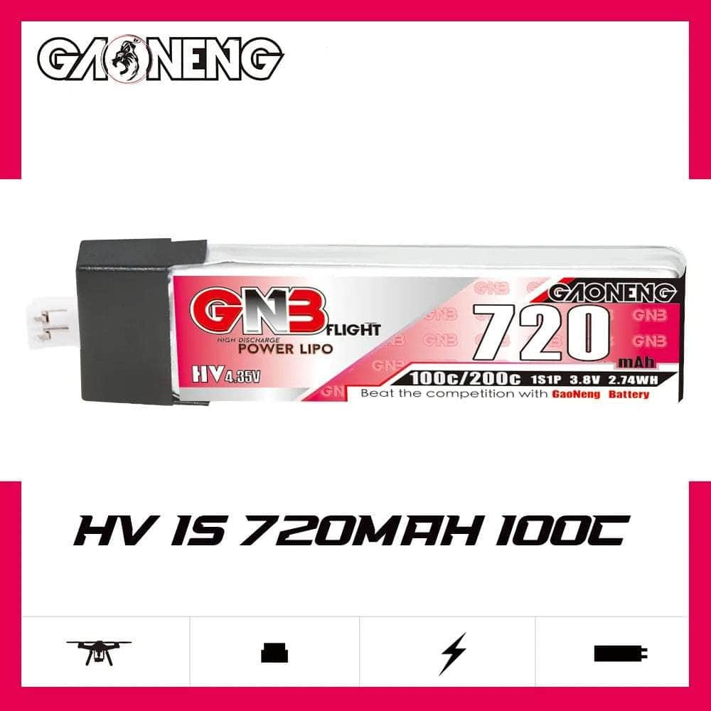 GNB Battery Gaoneng GNB 3.8V 1S 720mAh 100C LiHV Whoop/Micro Battery w/ Plastic Head - PH2.0