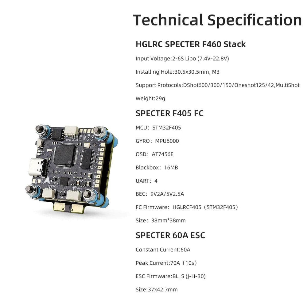 HGLRC Stack HGLRC SPECTER F460 HD 2-6S 30x30 Stack/Combo (F405 V2 FC  / 8Bit 60A 4in1 ESC) - MPU6000