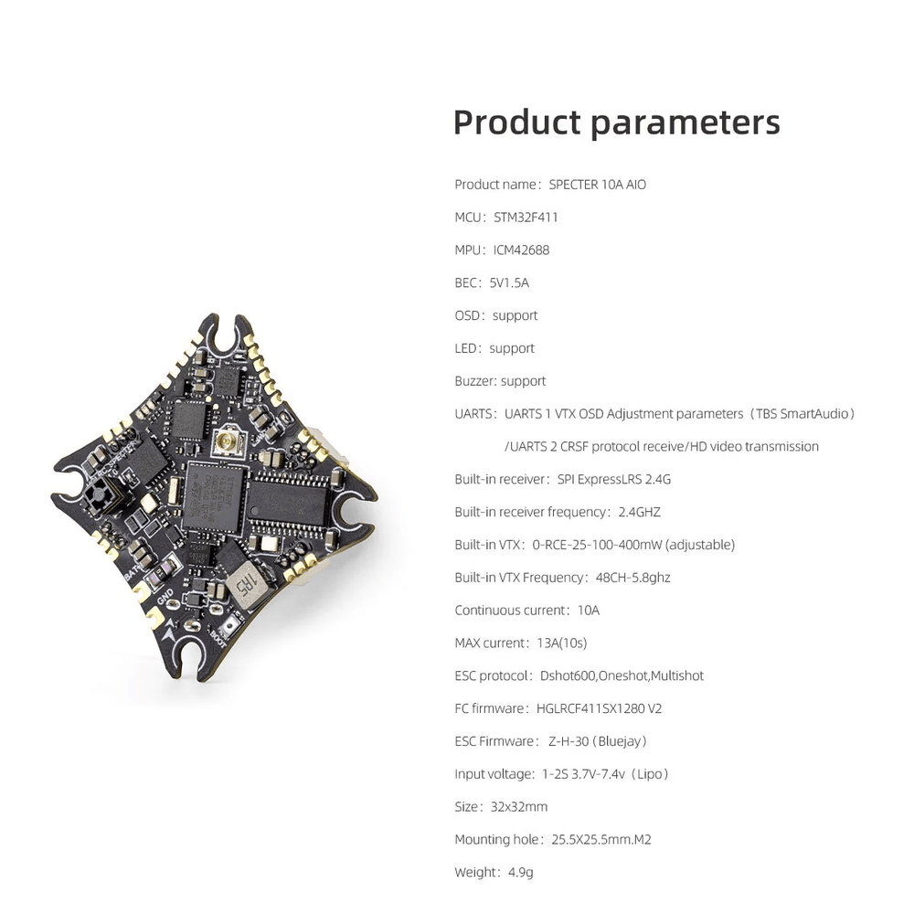 HGLRC Specter F411 1-2S AIO Whoop/Toothpick Flight Controller (w/ 10A 8Bit 4in1 ESC & 400mW VTX) - ELRS 2.4GHz (SPI)