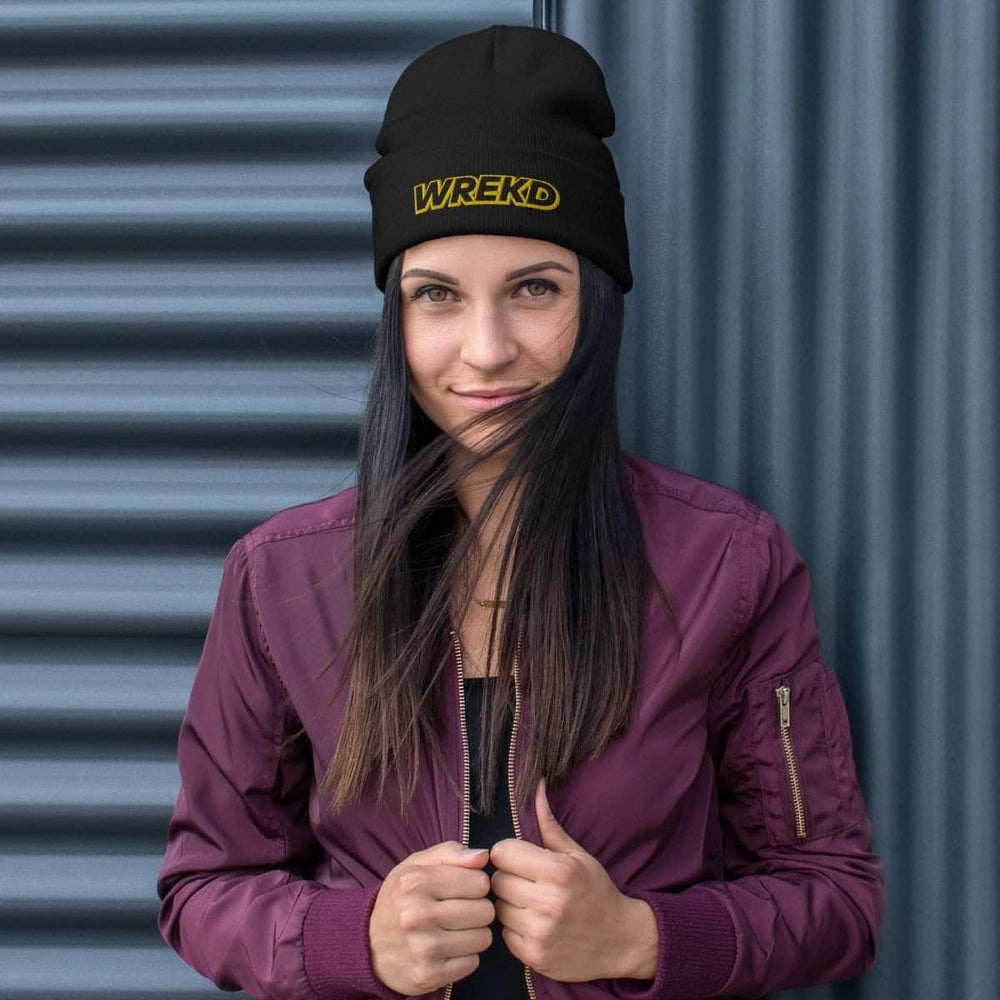 WREKD Gold on Black Logo Knit Beanie