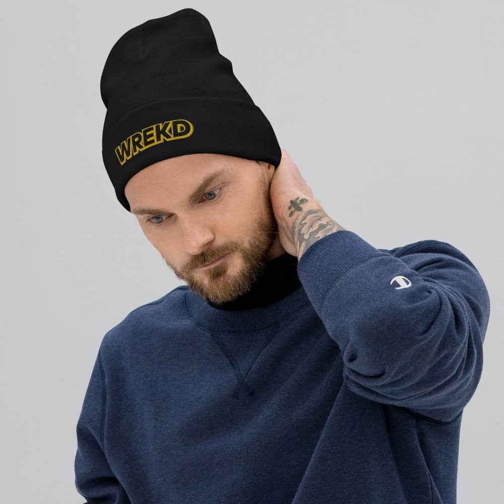 WREKD Gold on Black Logo Knit Beanie